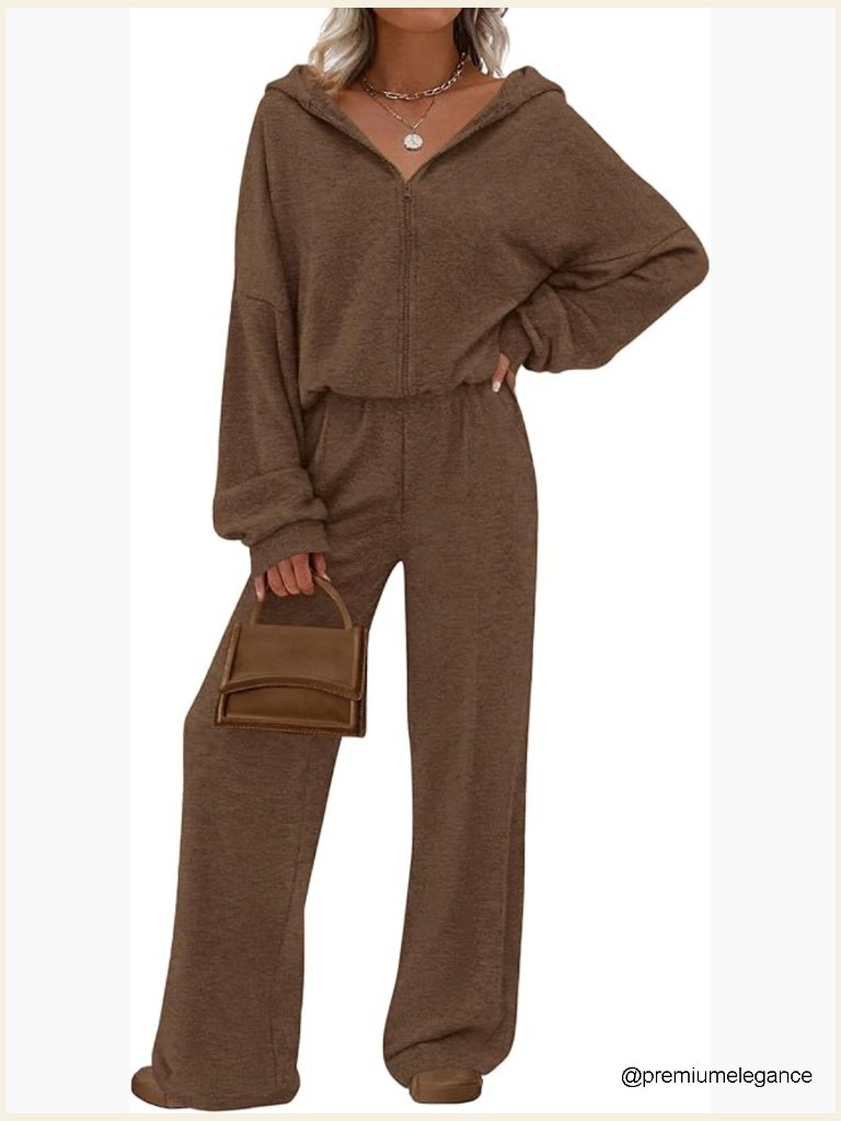Women's Zip Up Hoodie & Wide Leg Pants Set - 2 Piece Lounge Outfit